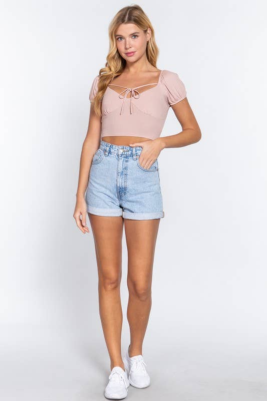 Short Sleeve With Front Ribbon Tie Detail Crop Top