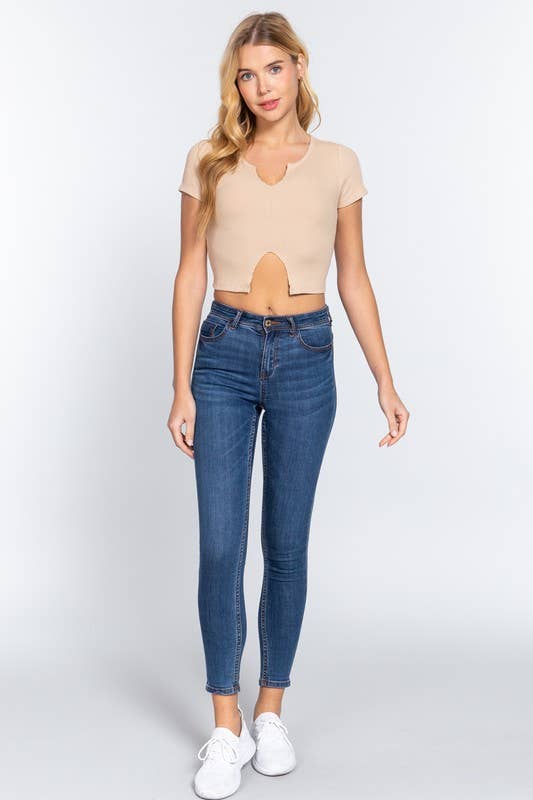 Short Sleeve V-neck With Raw Cut and Hem Detail