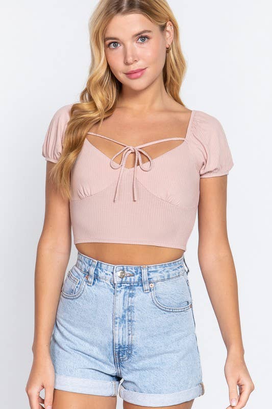 Short Sleeve With Front Ribbon Tie Detail Crop Top
