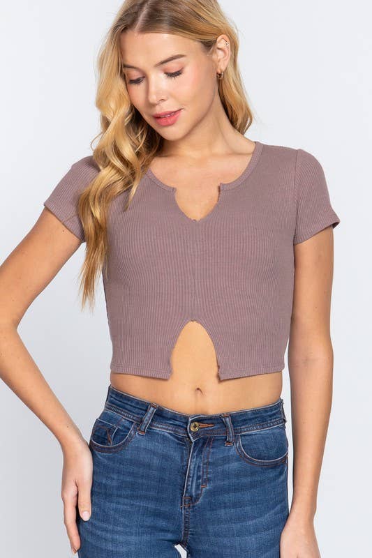 Short Sleeve V-neck With Raw Cut and Hem Detail