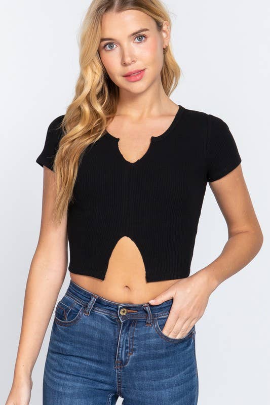 Short Sleeve V-neck With Raw Cut and Hem Detail