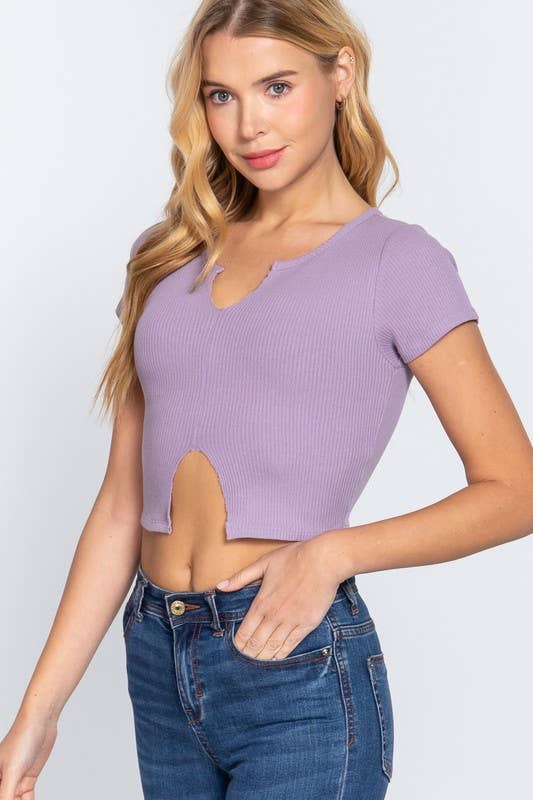 Short Sleeve V-neck With Raw Cut and Hem Detail