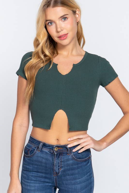 Short Sleeve V-neck With Raw Cut and Hem Detail