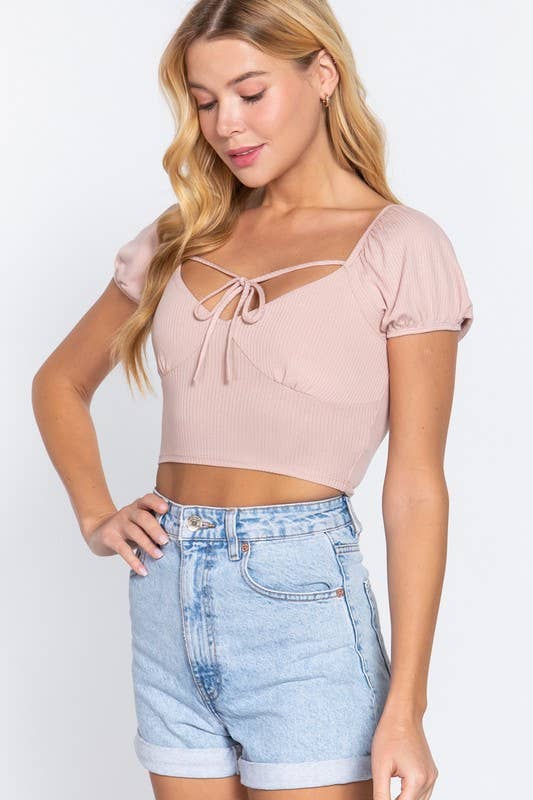 Short Sleeve With Front Ribbon Tie Detail Crop Top
