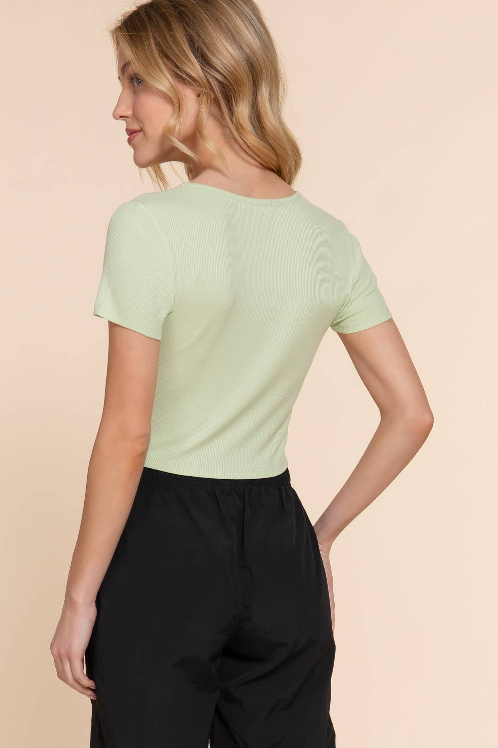Short Sleeve Square Neck Corset Detail Rayon Rib Knit Top