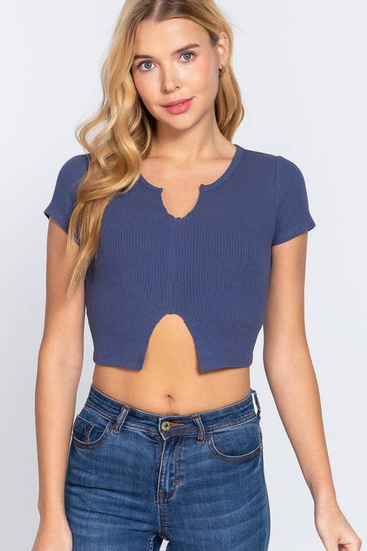 Short Sleeve V-neck With Raw Cut and Hem Detail