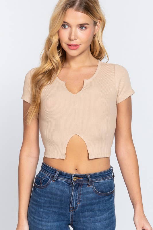 Short Sleeve V-neck With Raw Cut and Hem Detail