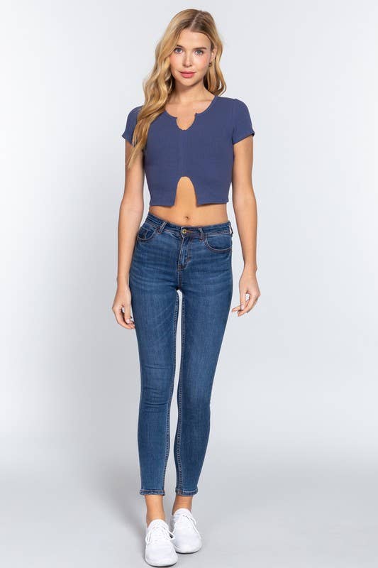 Short Sleeve V-neck With Raw Cut and Hem Detail