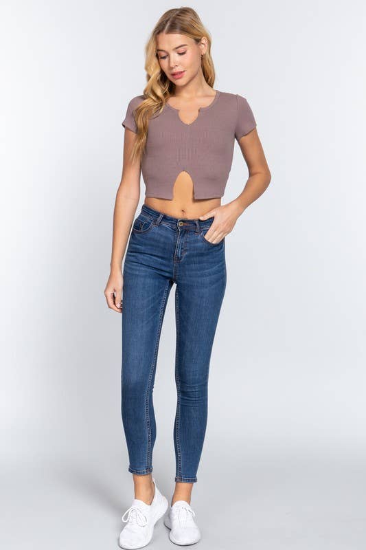 Short Sleeve V-neck With Raw Cut and Hem Detail