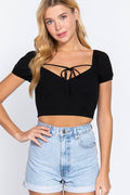 Short Sleeve With Front Ribbon Tie Detail Crop Top