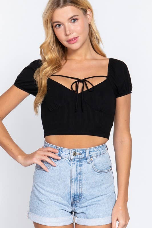 Short Sleeve With Front Ribbon Tie Detail Crop Top