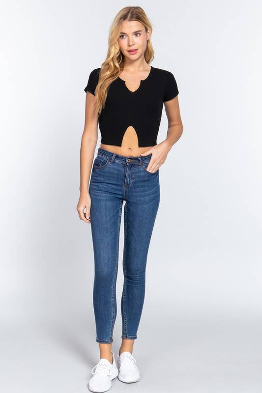 Short Sleeve V-neck With Raw Cut and Hem Detail