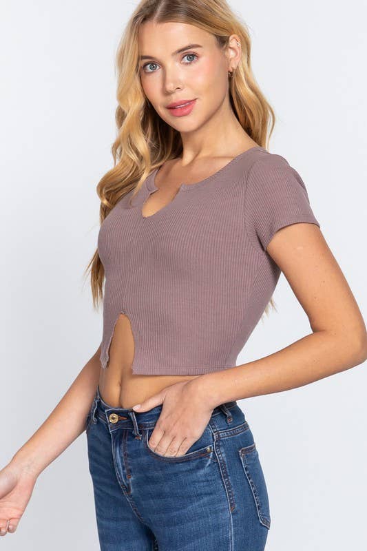 Short Sleeve V-neck With Raw Cut and Hem Detail