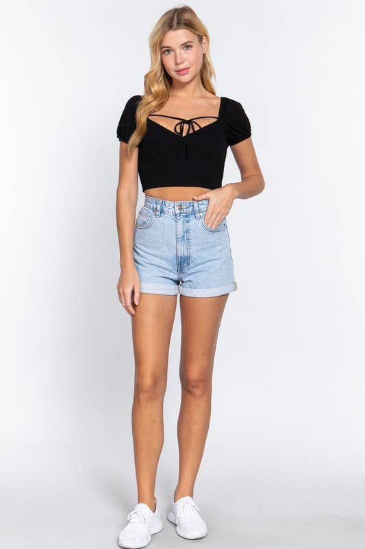 Short Sleeve With Front Ribbon Tie Detail Crop Top