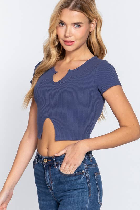 Short Sleeve V-neck With Raw Cut and Hem Detail