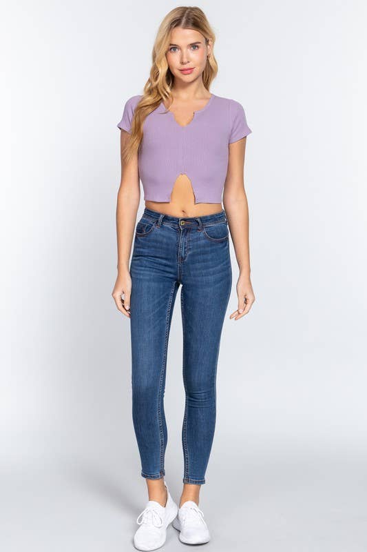 Short Sleeve V-neck With Raw Cut and Hem Detail